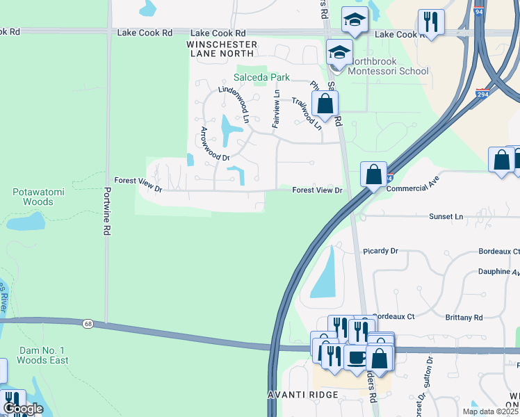 map of restaurants, bars, coffee shops, grocery stores, and more near 4445 Forest View Drive in Northbrook