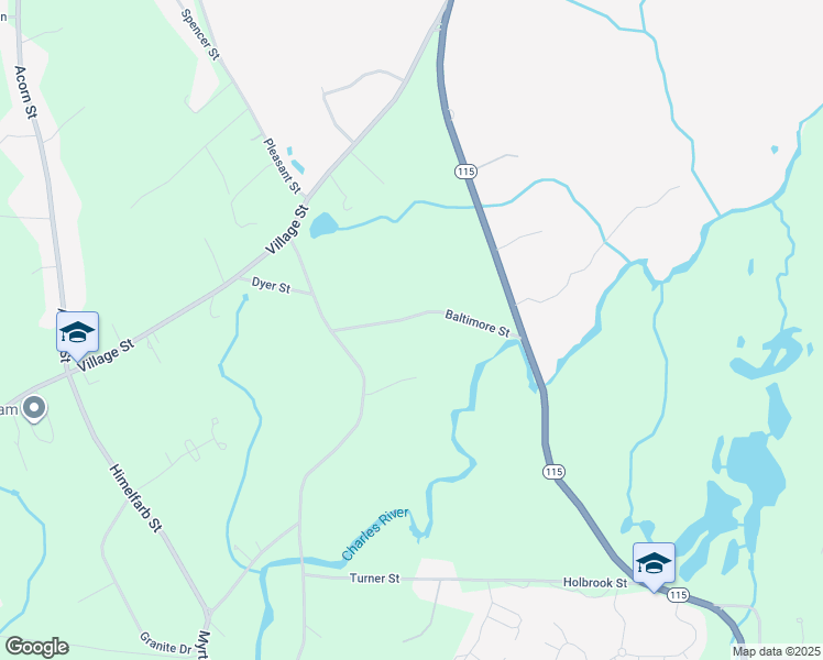 map of restaurants, bars, coffee shops, grocery stores, and more near 16 Baltimore Street in Millis