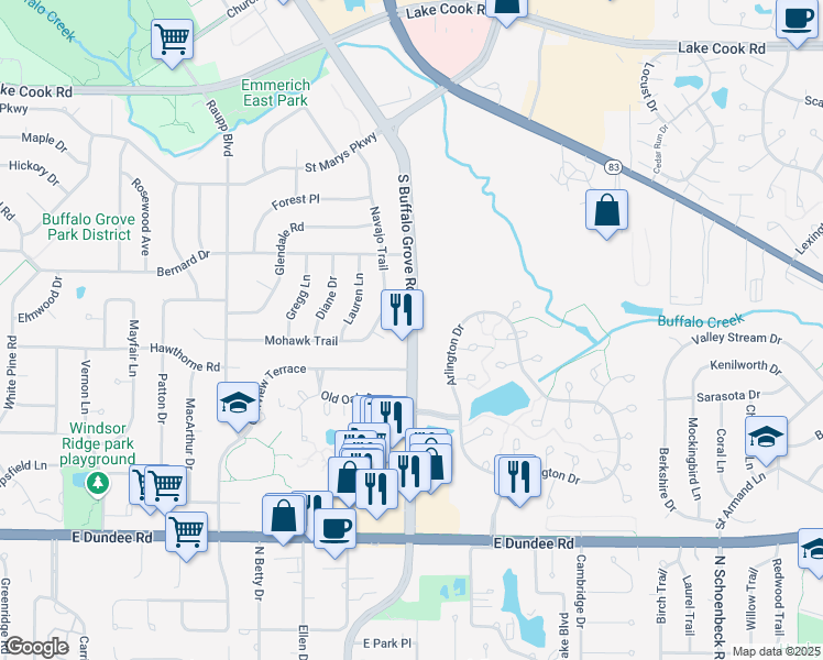 map of restaurants, bars, coffee shops, grocery stores, and more near 500 South Buffalo Grove Road in Buffalo Grove