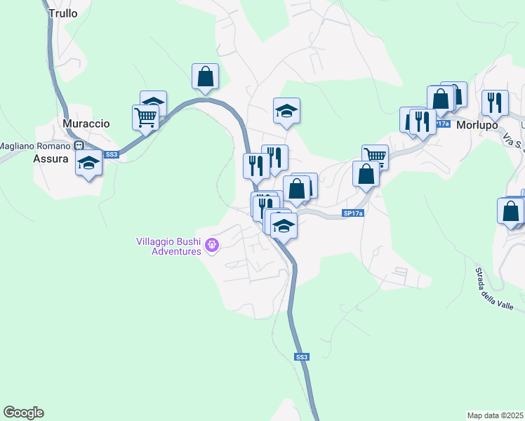 map of restaurants, bars, coffee shops, grocery stores, and more near 22A Via S. Pellegrino in Morlupo