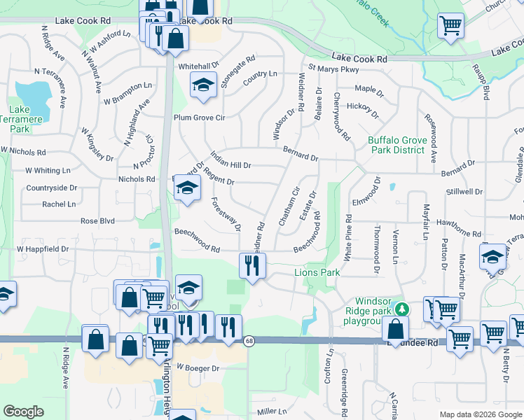 map of restaurants, bars, coffee shops, grocery stores, and more near 2 Longwood Court in Buffalo Grove