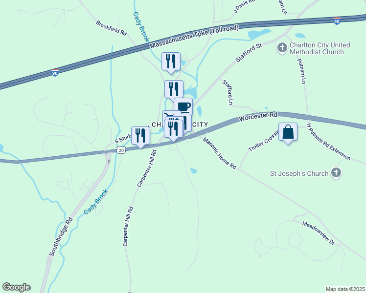 map of restaurants, bars, coffee shops, grocery stores, and more near 34 Worcester Road in Charlton