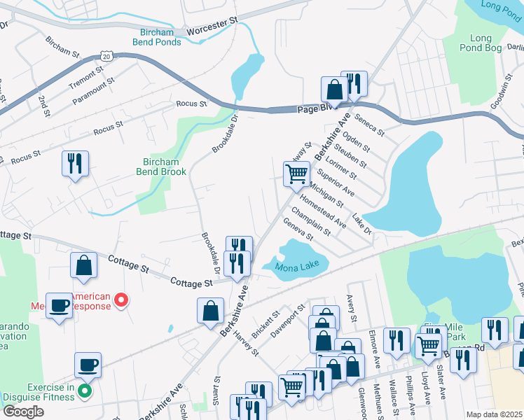 map of restaurants, bars, coffee shops, grocery stores, and more near 67 Fairhaven Drive in Springfield