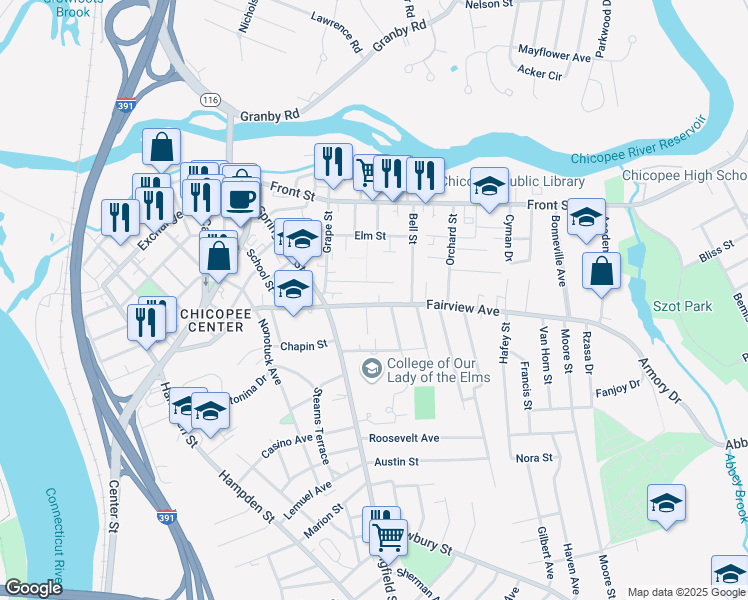 map of restaurants, bars, coffee shops, grocery stores, and more near 56 Auburn Street in Chicopee