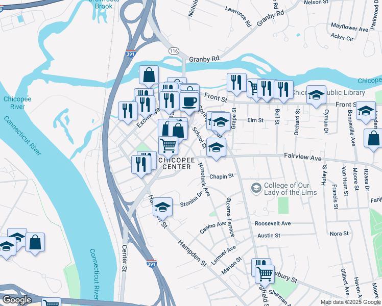 map of restaurants, bars, coffee shops, grocery stores, and more near in Chicopee