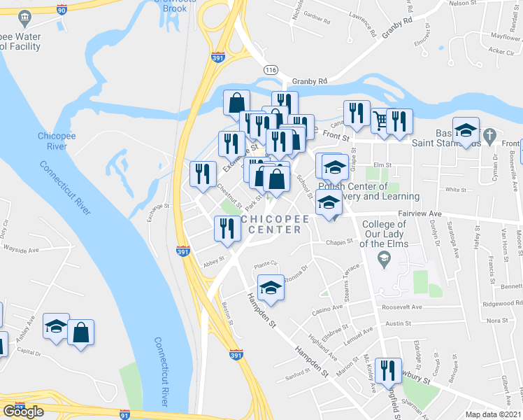 map of restaurants, bars, coffee shops, grocery stores, and more near 124 Cabot Street in Chicopee