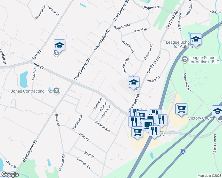 map of restaurants, bars, coffee shops, grocery stores, and more near 24 Pontiac Road in Walpole