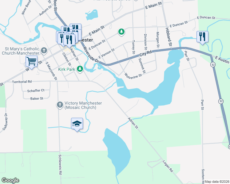 map of restaurants, bars, coffee shops, grocery stores, and more near 521 Adrian Street in Manchester