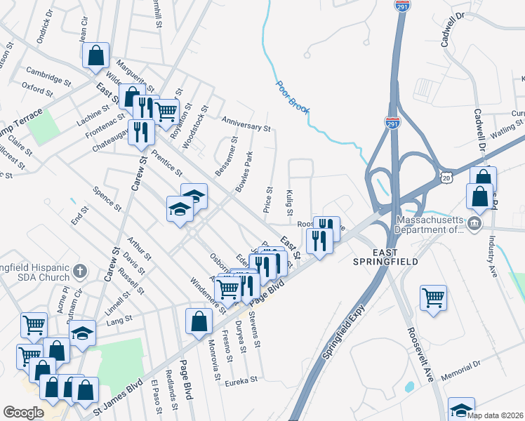 map of restaurants, bars, coffee shops, grocery stores, and more near 20 Price Street in Springfield