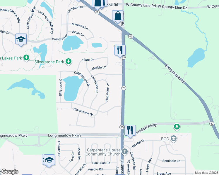 map of restaurants, bars, coffee shops, grocery stores, and more near 2282 Flagstone Lane in Carpentersville
