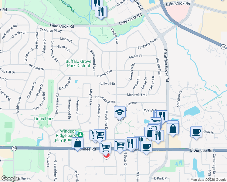 map of restaurants, bars, coffee shops, grocery stores, and more near 476 Raupp Boulevard in Buffalo Grove