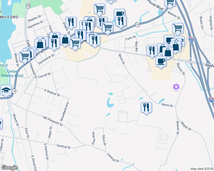 map of restaurants, bars, coffee shops, grocery stores, and more near 12 Lombardi Circle in Milford
