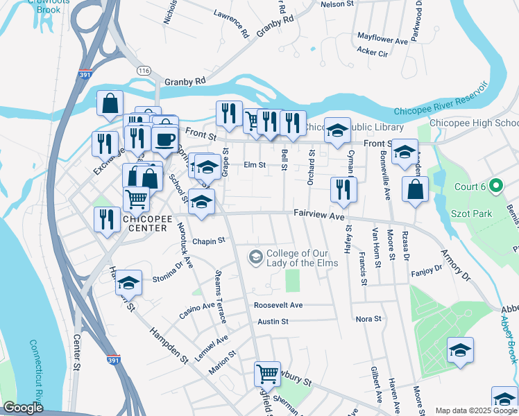 map of restaurants, bars, coffee shops, grocery stores, and more near 56 Auburn Street in Chicopee