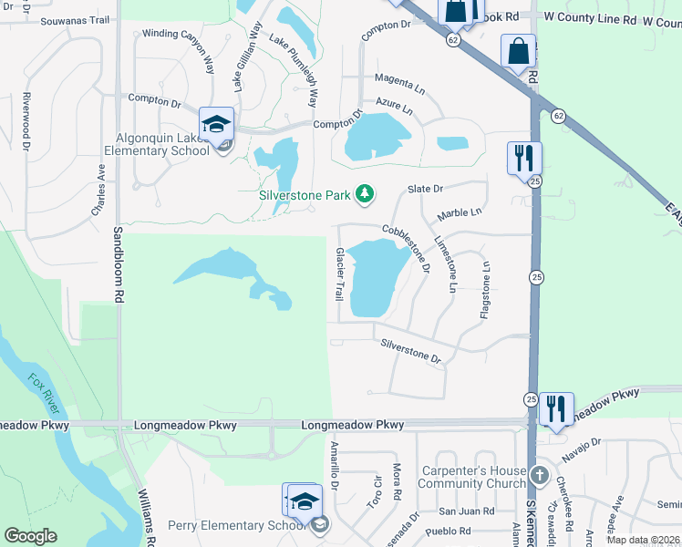 map of restaurants, bars, coffee shops, grocery stores, and more near 1533 Glacier Trail in Carpentersville