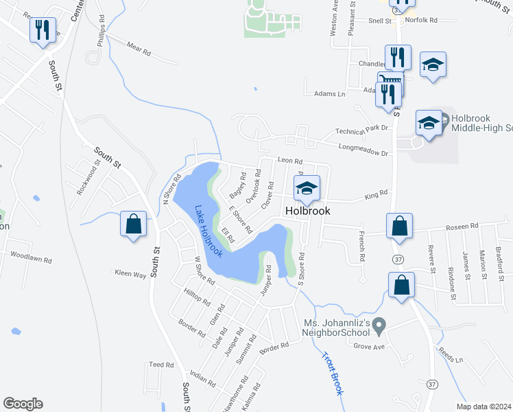 map of restaurants, bars, coffee shops, grocery stores, and more near 12 Clover Road in Holbrook