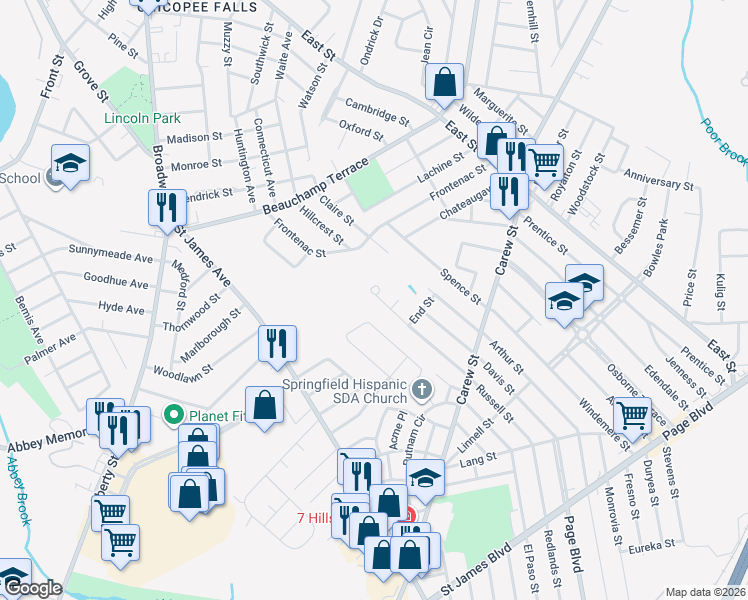 map of restaurants, bars, coffee shops, grocery stores, and more near 22 Ralph Circle in Chicopee