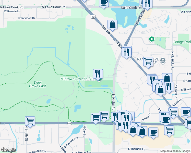 map of restaurants, bars, coffee shops, grocery stores, and more near 306 East Forest Knoll Drive in Palatine