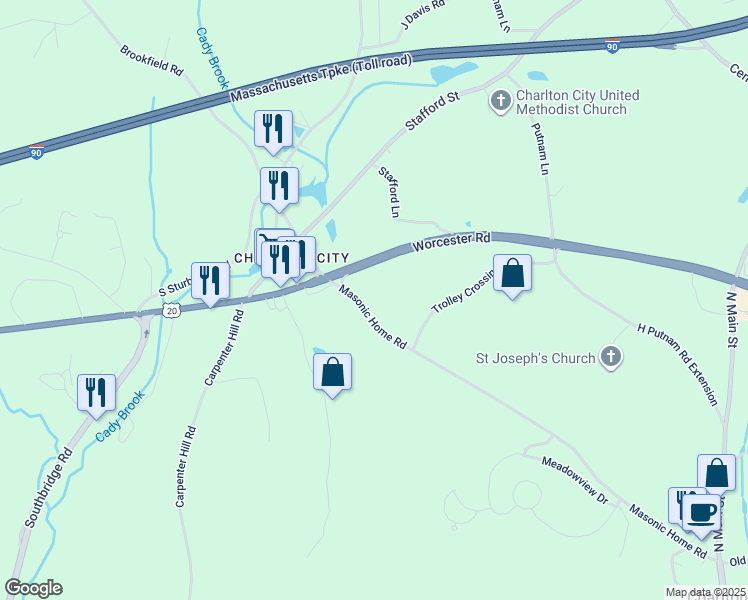 map of restaurants, bars, coffee shops, grocery stores, and more near 9 Masonic Home Road in Charlton