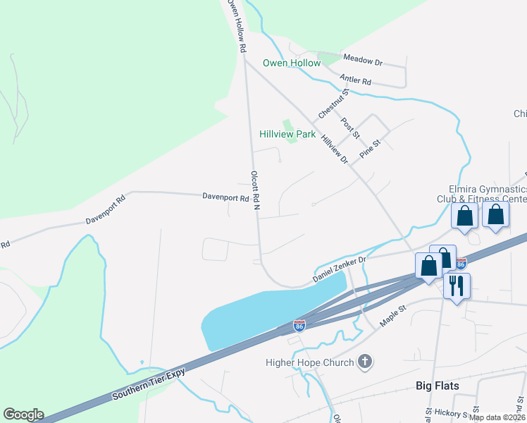 map of restaurants, bars, coffee shops, grocery stores, and more near 9 Wynnwood Drive in Big Flats