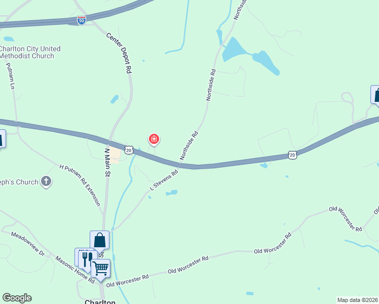 map of restaurants, bars, coffee shops, grocery stores, and more near 12 Northside Road in Charlton