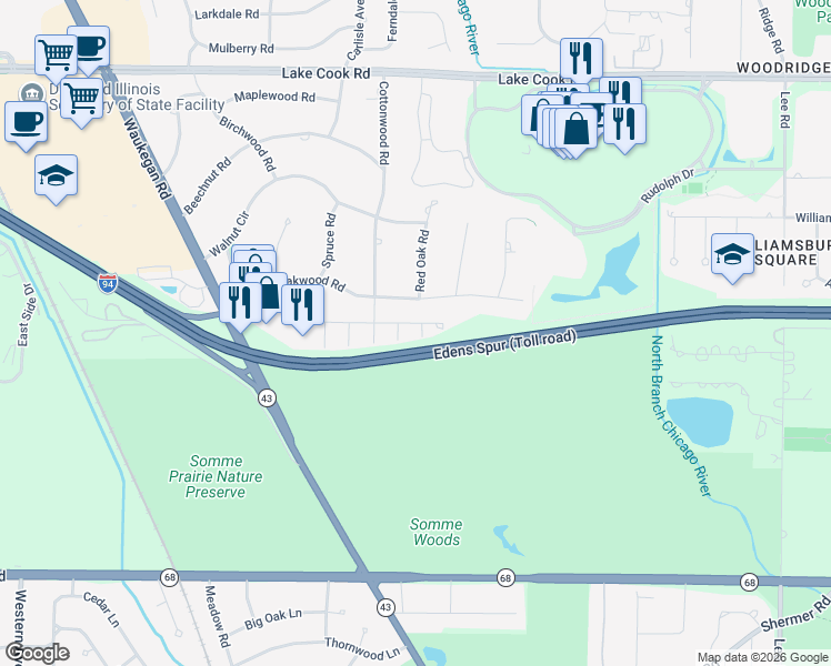 map of restaurants, bars, coffee shops, grocery stores, and more near 1711 Koehling Road in Northbrook