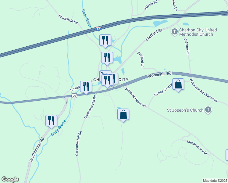 map of restaurants, bars, coffee shops, grocery stores, and more near 34 Worcester Road in Charlton