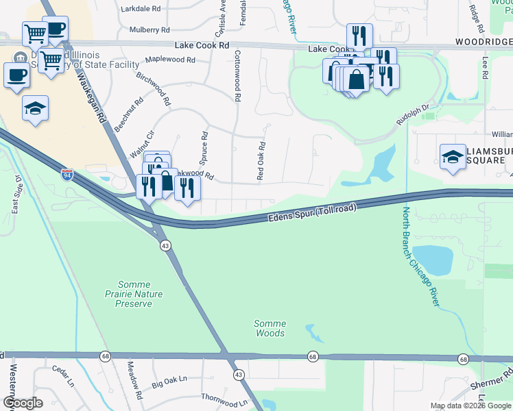 map of restaurants, bars, coffee shops, grocery stores, and more near 1711 Koehling Road in Northbrook