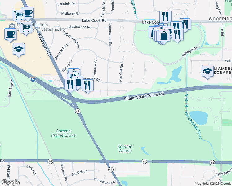 map of restaurants, bars, coffee shops, grocery stores, and more near 1711 Koehling Road in Northbrook