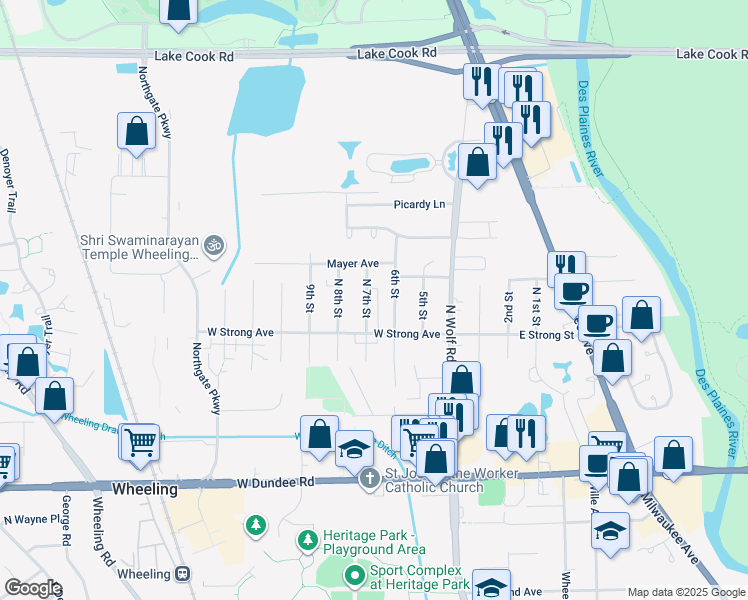 map of restaurants, bars, coffee shops, grocery stores, and more near 301 North 7th Street in Wheeling