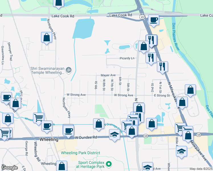 map of restaurants, bars, coffee shops, grocery stores, and more near 300 8th Street in Wheeling
