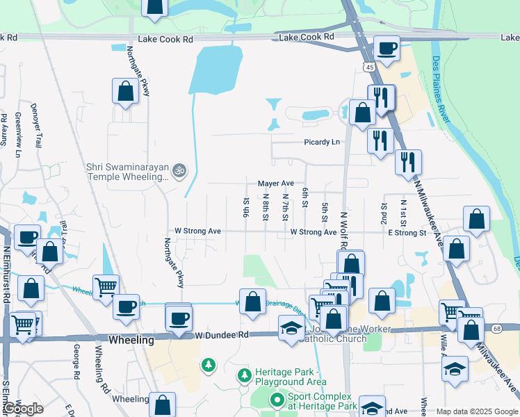 map of restaurants, bars, coffee shops, grocery stores, and more near 300 8th Street in Wheeling