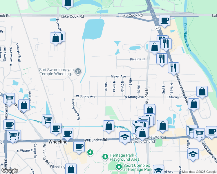 map of restaurants, bars, coffee shops, grocery stores, and more near 300 8th Street in Wheeling
