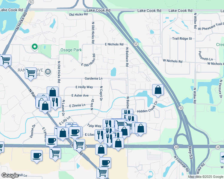 map of restaurants, bars, coffee shops, grocery stores, and more near 1926 High Grove Lane in Palatine