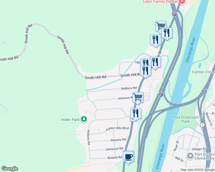 map of restaurants, bars, coffee shops, grocery stores, and more near 34 Wallace Road in Binghamton