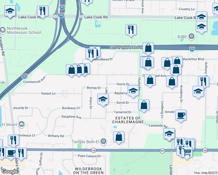 map of restaurants, bars, coffee shops, grocery stores, and more near 3555 Harris Drive in Northbrook