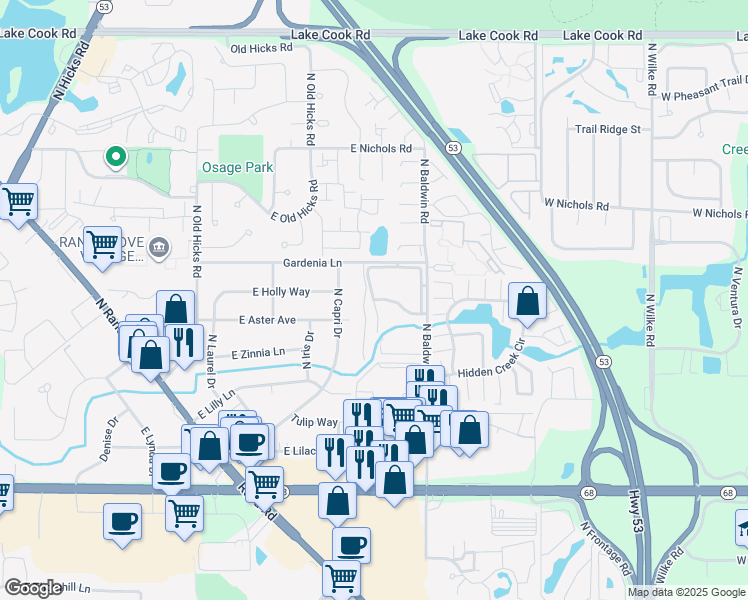 map of restaurants, bars, coffee shops, grocery stores, and more near 1926 High Grove Lane in Palatine