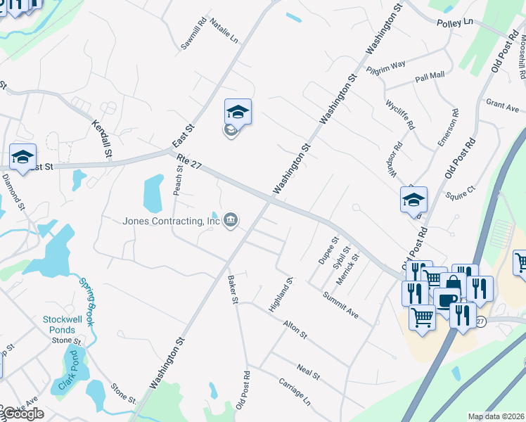 map of restaurants, bars, coffee shops, grocery stores, and more near 686 Washington Street in Walpole