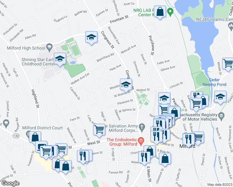 map of restaurants, bars, coffee shops, grocery stores, and more near 25 West Walnut Street in Milford