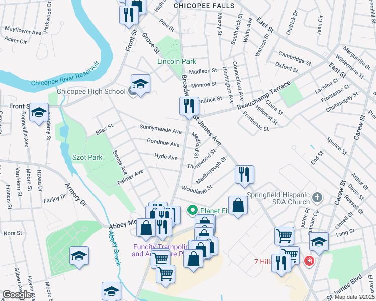 map of restaurants, bars, coffee shops, grocery stores, and more near 468 Broadway Street in Chicopee