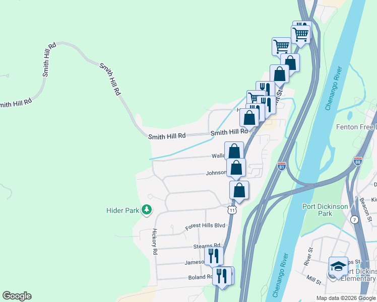 map of restaurants, bars, coffee shops, grocery stores, and more near 34 Wallace Rd in Binghamton