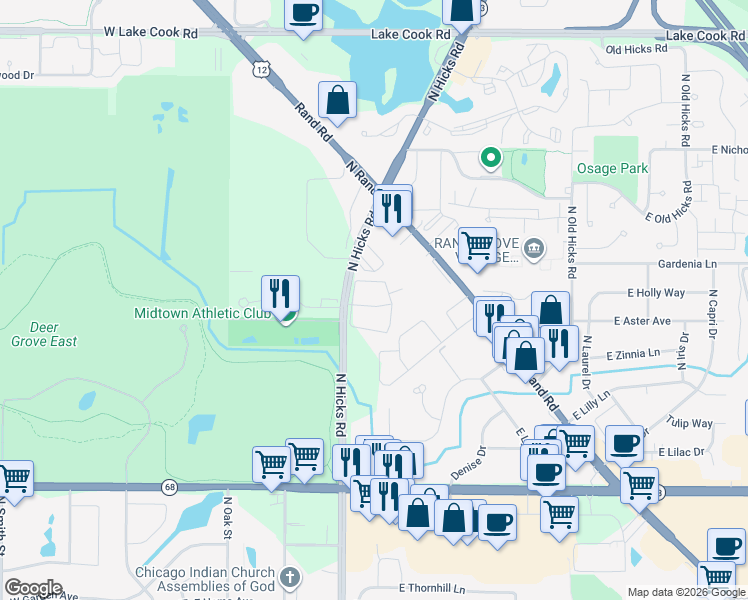 map of restaurants, bars, coffee shops, grocery stores, and more near 1979 North Hicks Road in Palatine