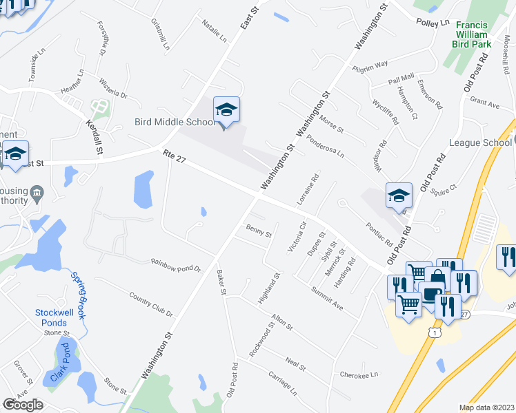 map of restaurants, bars, coffee shops, grocery stores, and more near 688 Washington Street in Walpole