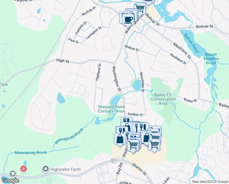 map of restaurants, bars, coffee shops, grocery stores, and more near 258 Washington Street in Canton