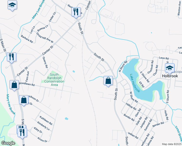map of restaurants, bars, coffee shops, grocery stores, and more near 38 Washington Circle in Holbrook