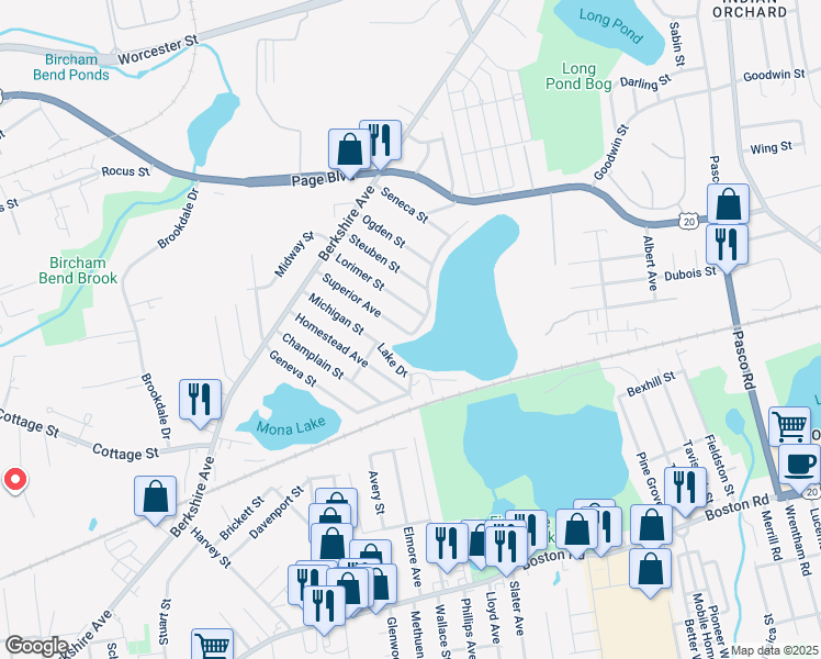 map of restaurants, bars, coffee shops, grocery stores, and more near 160 Lake Drive in Springfield