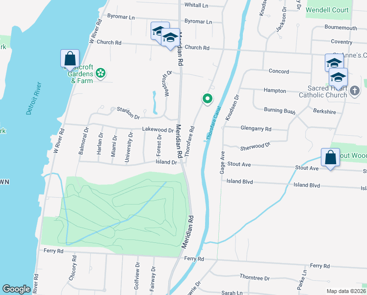 map of restaurants, bars, coffee shops, grocery stores, and more near 22159 Meridian Road in Grosse Ile Township