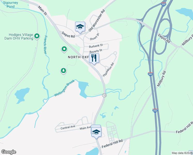 map of restaurants, bars, coffee shops, grocery stores, and more near 571 Main Street in Oxford