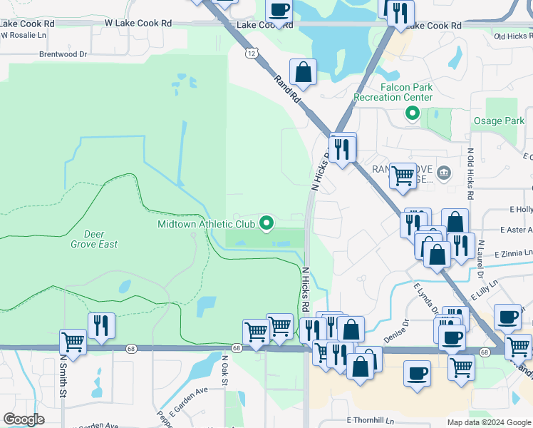 map of restaurants, bars, coffee shops, grocery stores, and more near 316 East Forest Knoll Drive in Palatine