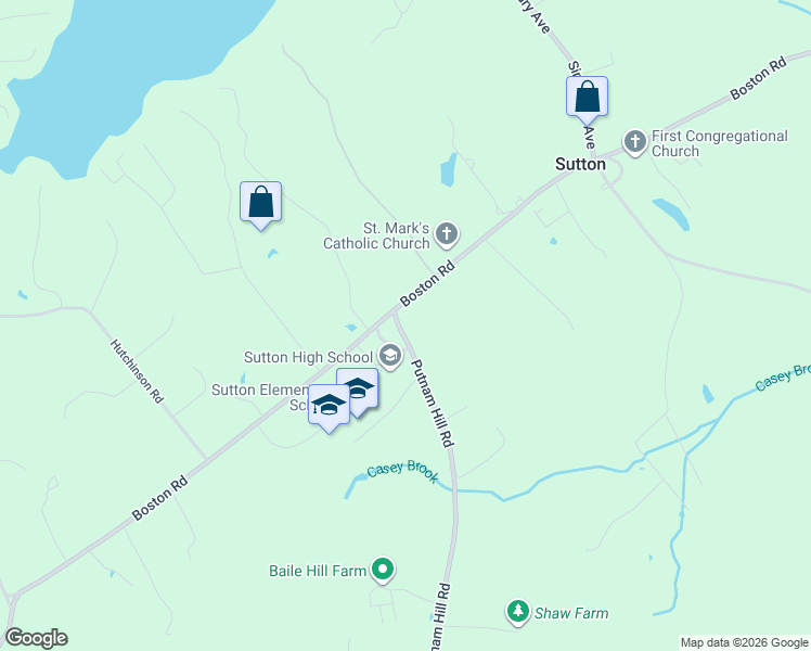 map of restaurants, bars, coffee shops, grocery stores, and more near 5 Putnam Hill Road in Sutton
