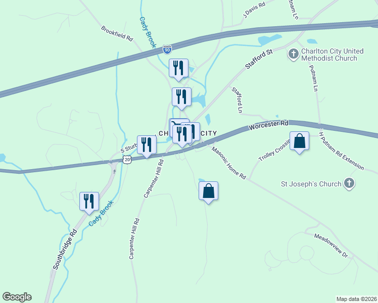 map of restaurants, bars, coffee shops, grocery stores, and more near 34 Worcester Road in Charlton
